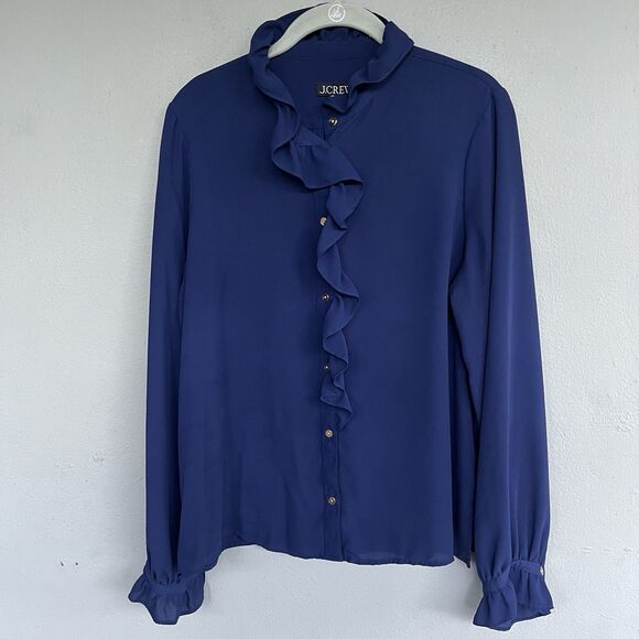 J. Crew Tops - J Crew Navy Sheer Ruffle Blouse Women 12 Gold Button Long Sleeve Preppy Romantic